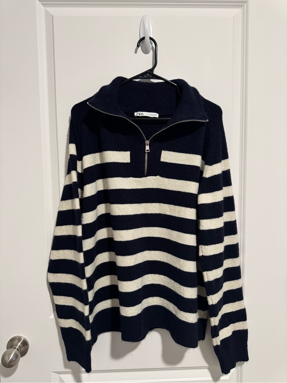 Zara Navy and White Striped Half-Zip Pullover Sweater